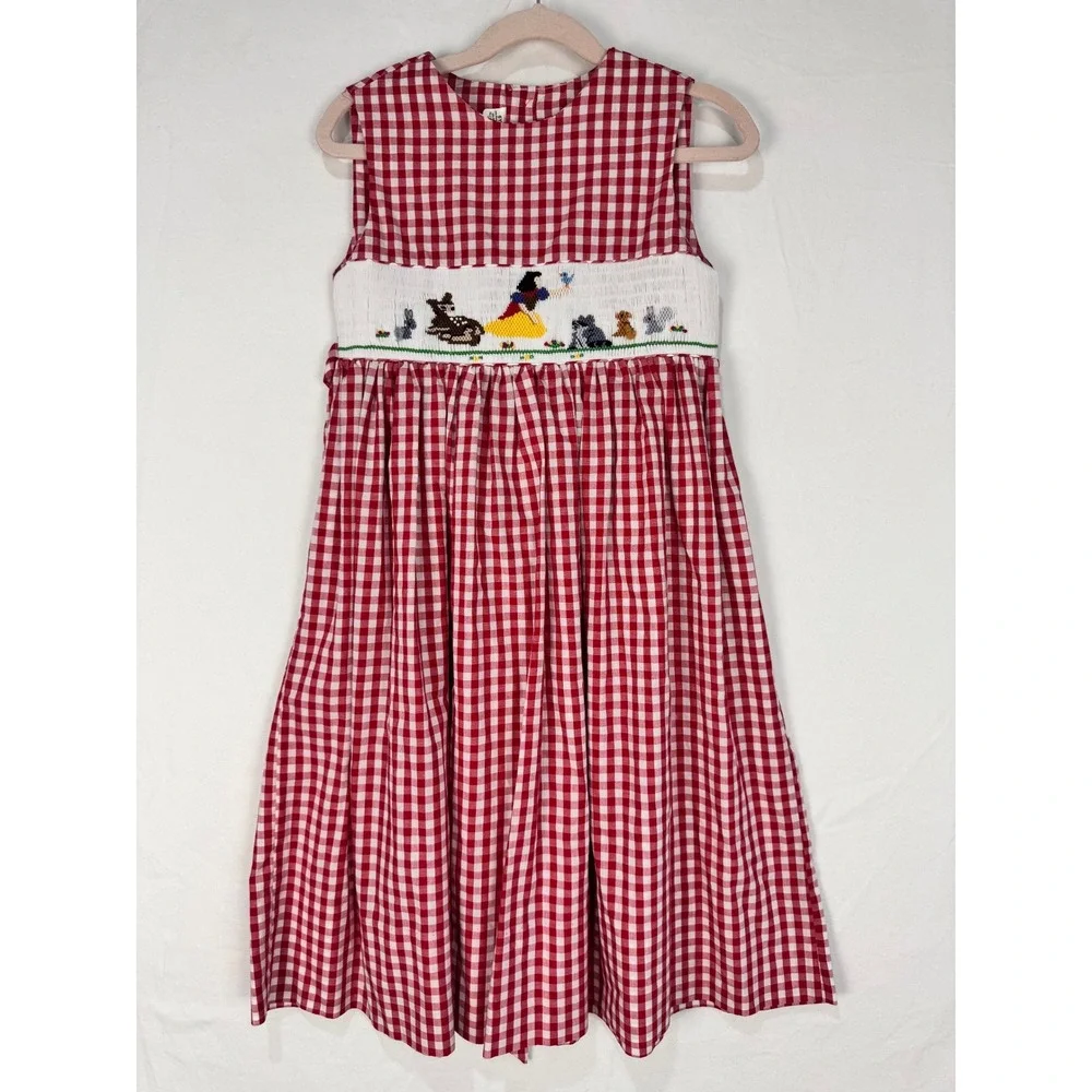 Girls Red Gingham Smocked Snow White Princess Dress Size 6Y Forest Animals 6‎